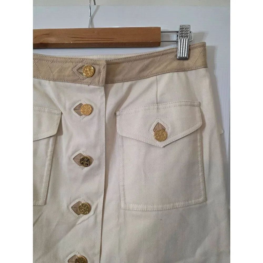 Tory Burch Pencil Skirt Cream Logo Button Front Cargo Pocket NWT $265 Sz 6